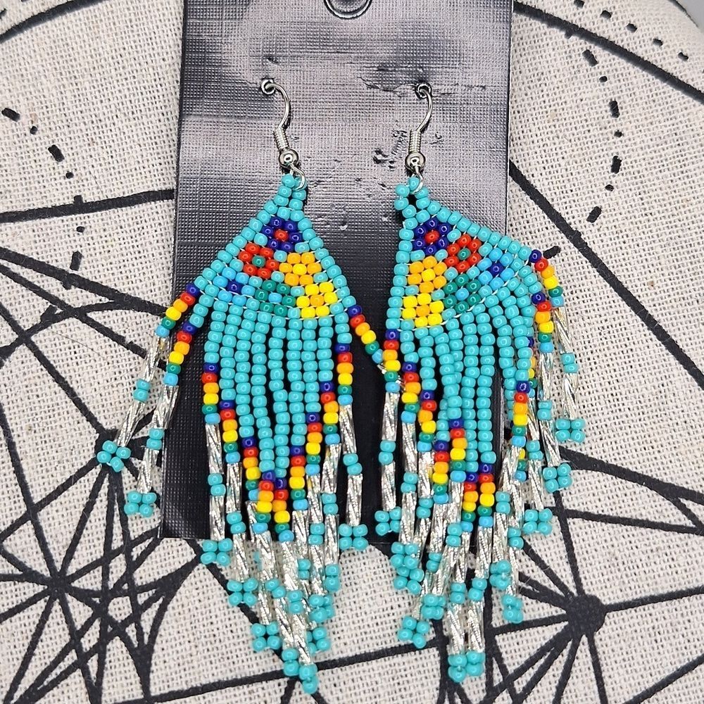 Western beaded earrings Turquoise tribal design dangles fringe tassel